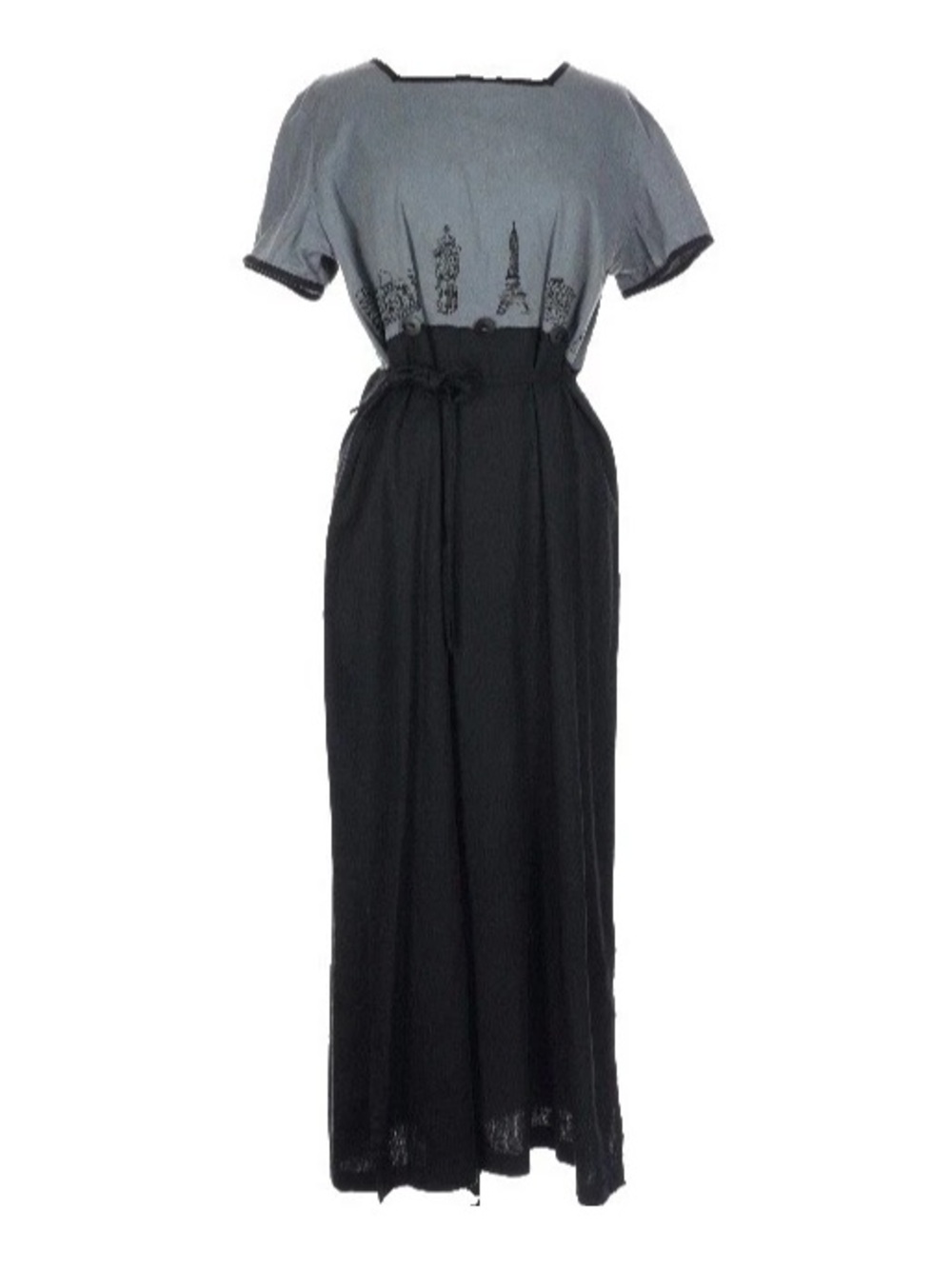 Vintage Linen Black Grey L Embroidered Empire Waist Travel Artsy City Maxi Dress